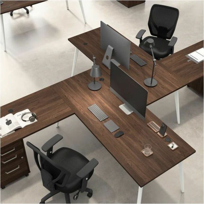 Bush Business Furniture Vista Collection, L-Shaped Desk with Splayed Metal Legs and Low Storage Cabinet, 30"H x 71"W x 59"D, 2 Doors, 4 Shelves (2 Adjustable), Black Walnut, 1 Each