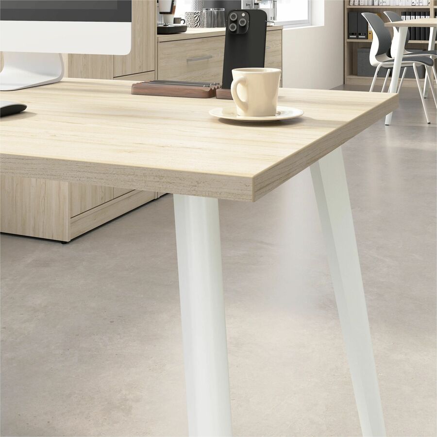 Bush Business Furniture Vista Collection, 1 Each, 30"H x 71"W x 59"D, Natural Elm Finish, L-Shaped Desk with 2 Doors, 4 Shelves (2 Adjustable), Splayed Metal Legs, USB & Electrical Outlets, Cable Management