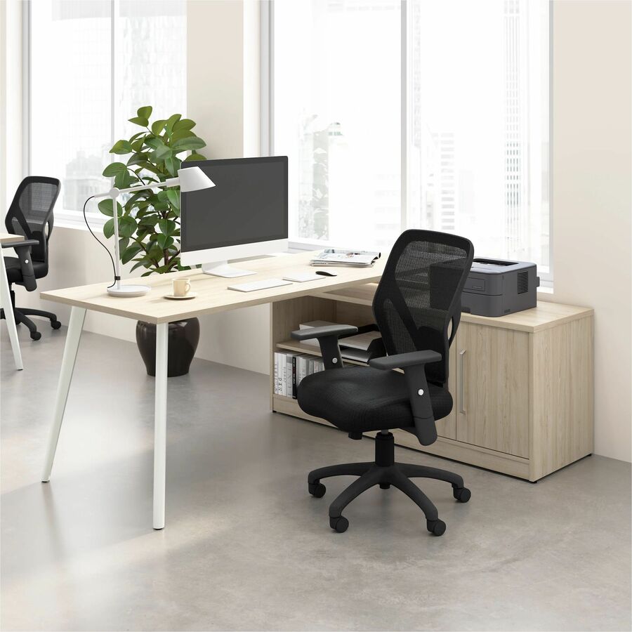 Bush Business Furniture Vista Collection, 1 Each, 30"H x 71"W x 59"D, Natural Elm Finish, L-Shaped Desk with 2 Doors, 4 Shelves (2 Adjustable), Splayed Metal Legs, USB & Electrical Outlets, Cable Management