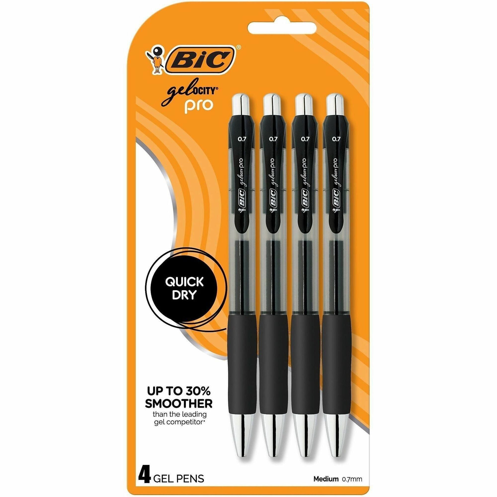 BIC Gelocity Pro Gel Pen, 0.7 mm Medium Point, Retractable, Black Ink, Gel-based, Round Barrel, 4 Pack