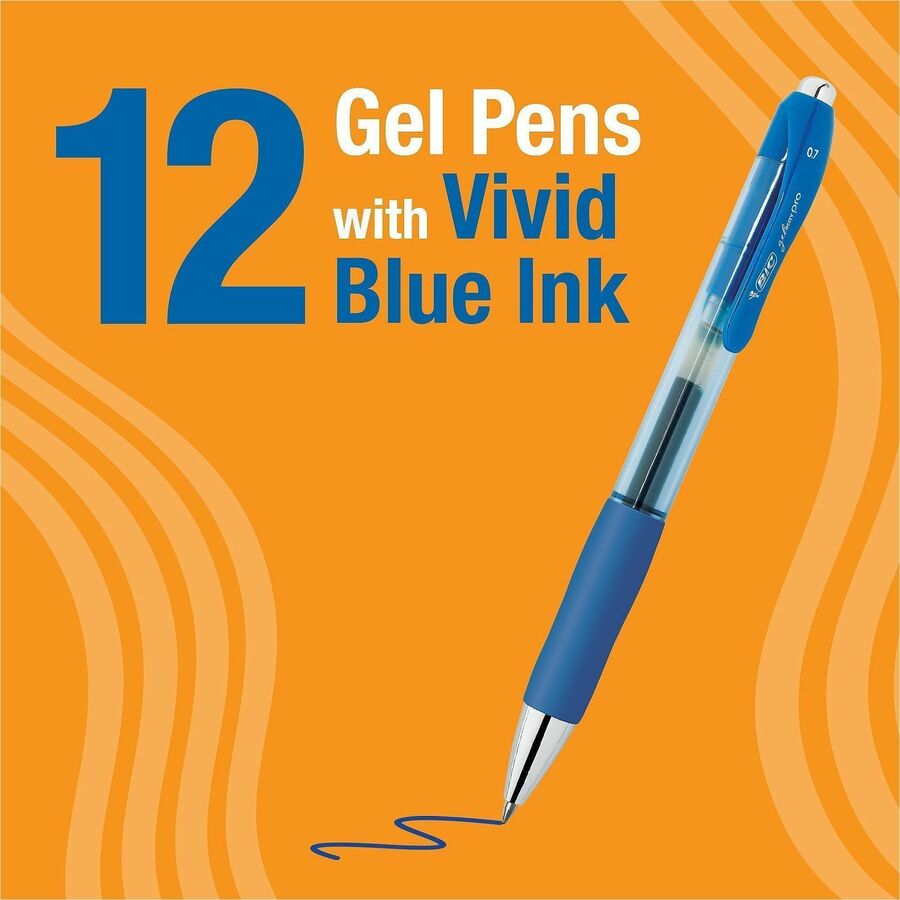 BIC Gelocity Pro Gel Pen, 0.7 mm Medium Point, Retractable, Blue Ink, Gel-based, Round Barrel, Comfort Grip, 1 Dozen