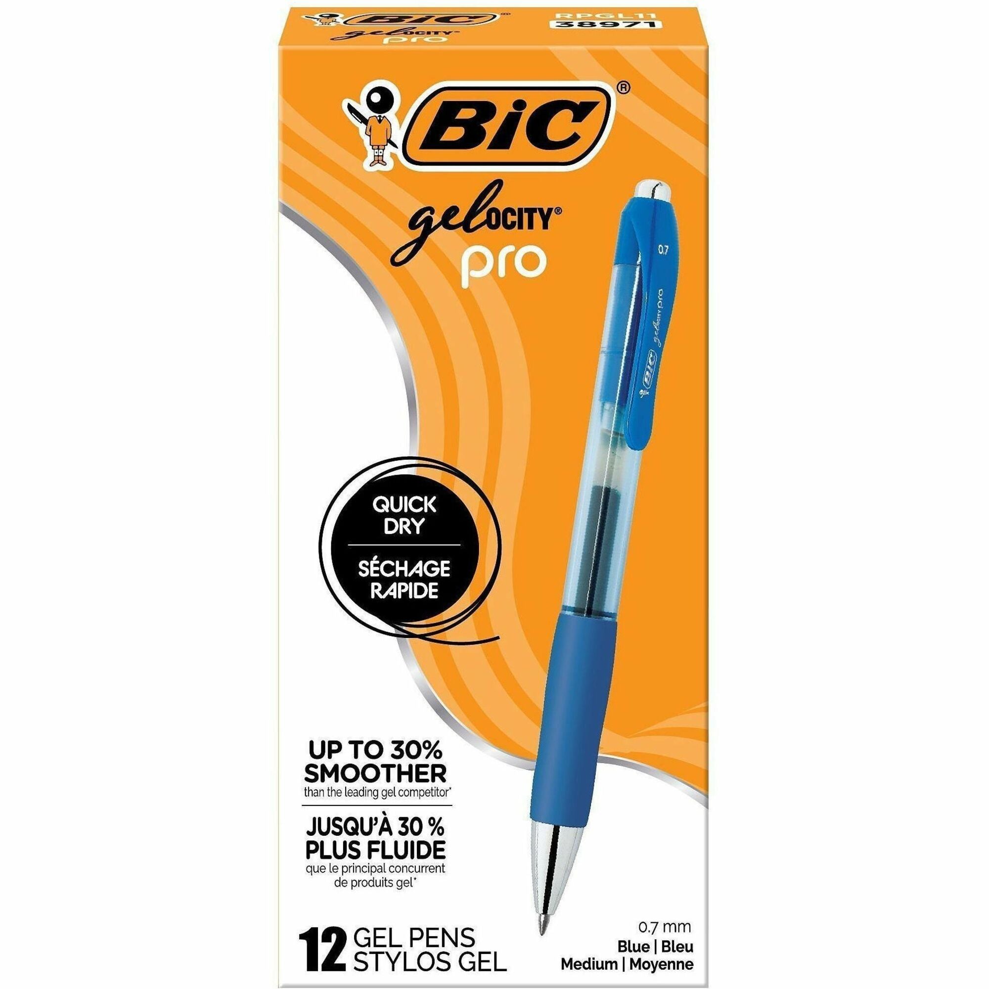 BIC Gelocity Pro Gel Pen, 0.7 mm Medium Point, Retractable, Blue Ink, Gel-based, Round Barrel, Comfort Grip, 1 Dozen