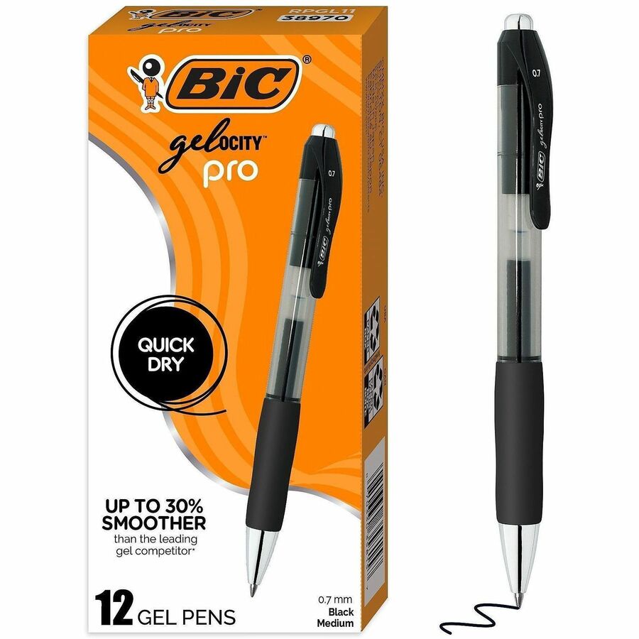 BIC Gelocity Pro Gel Pen, 0.7 mm Medium Point, Retractable, Black Ink, Round Barrel, Comfort Grip, 1 Dozen