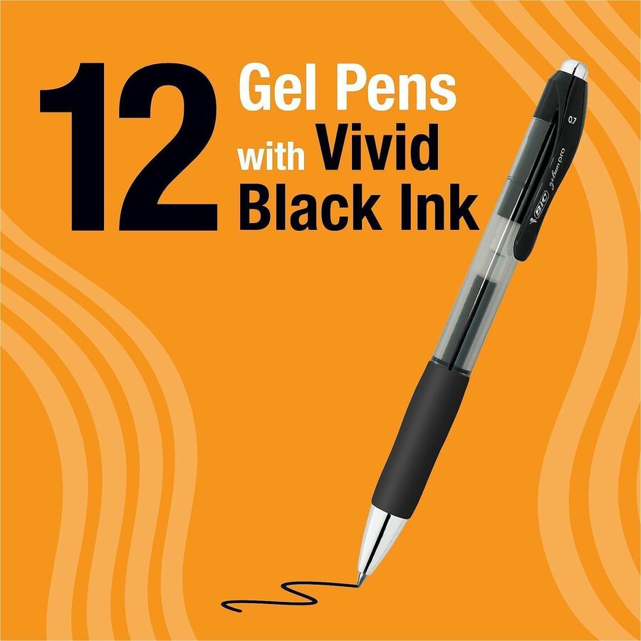 BIC Gelocity Pro Gel Pen, 0.7 mm Medium Point, Retractable, Black Ink, Round Barrel, Comfort Grip, 1 Dozen