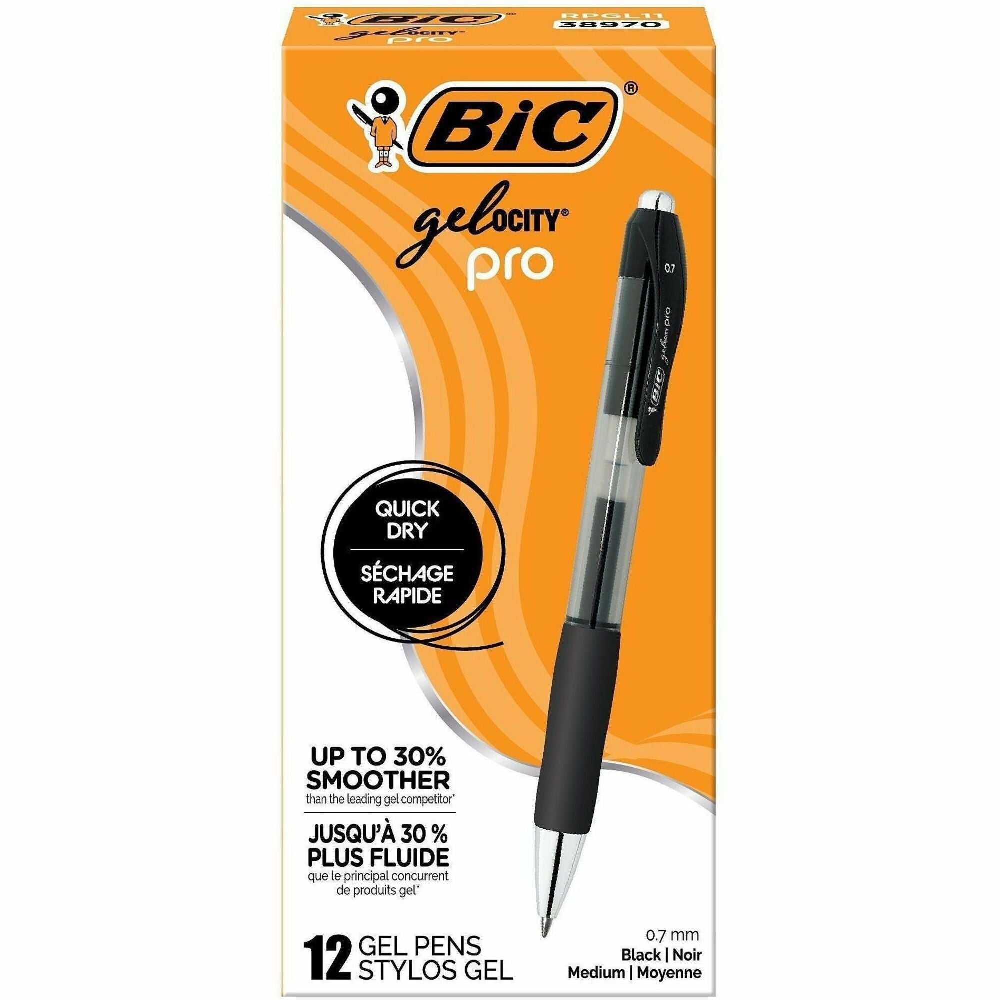 BIC Gelocity Pro Gel Pen, 0.7 mm Medium Point, Retractable, Black Ink, Round Barrel, Comfort Grip, 1 Dozen