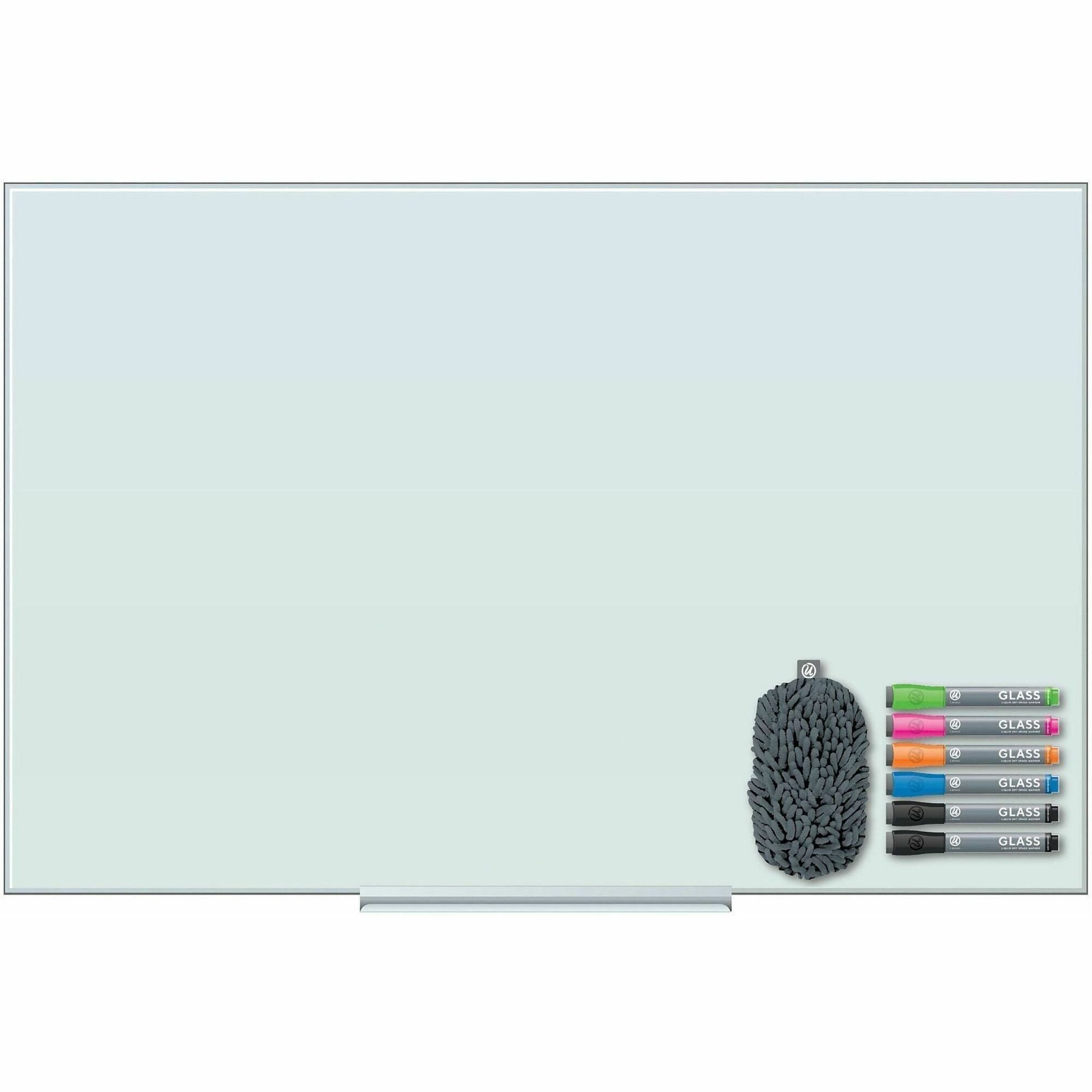 U Brands Dry Erase Board, White Glass Surface, Frameless, Stain & Ghost Resistant, 39.4" x 27.2", Includes 6 Assorted Markers, 1 Shag Eraser, 18" Tray, Wall Mount, 1 Board