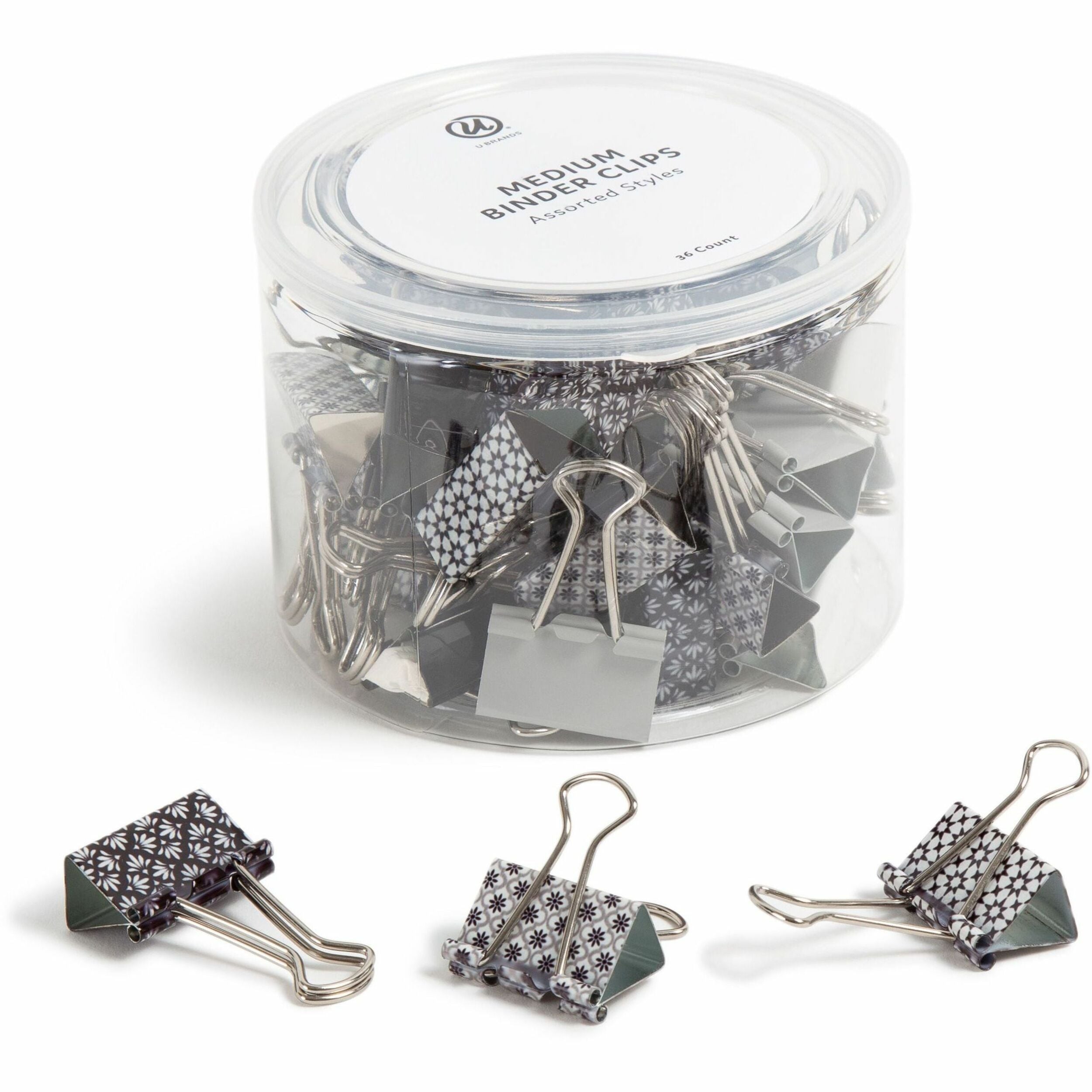 U Brands Medium Binder Clips, 1" Width, 145 Sheet Capacity, Assorted Colors (Silver, White, Black), Steel, 36 Pack