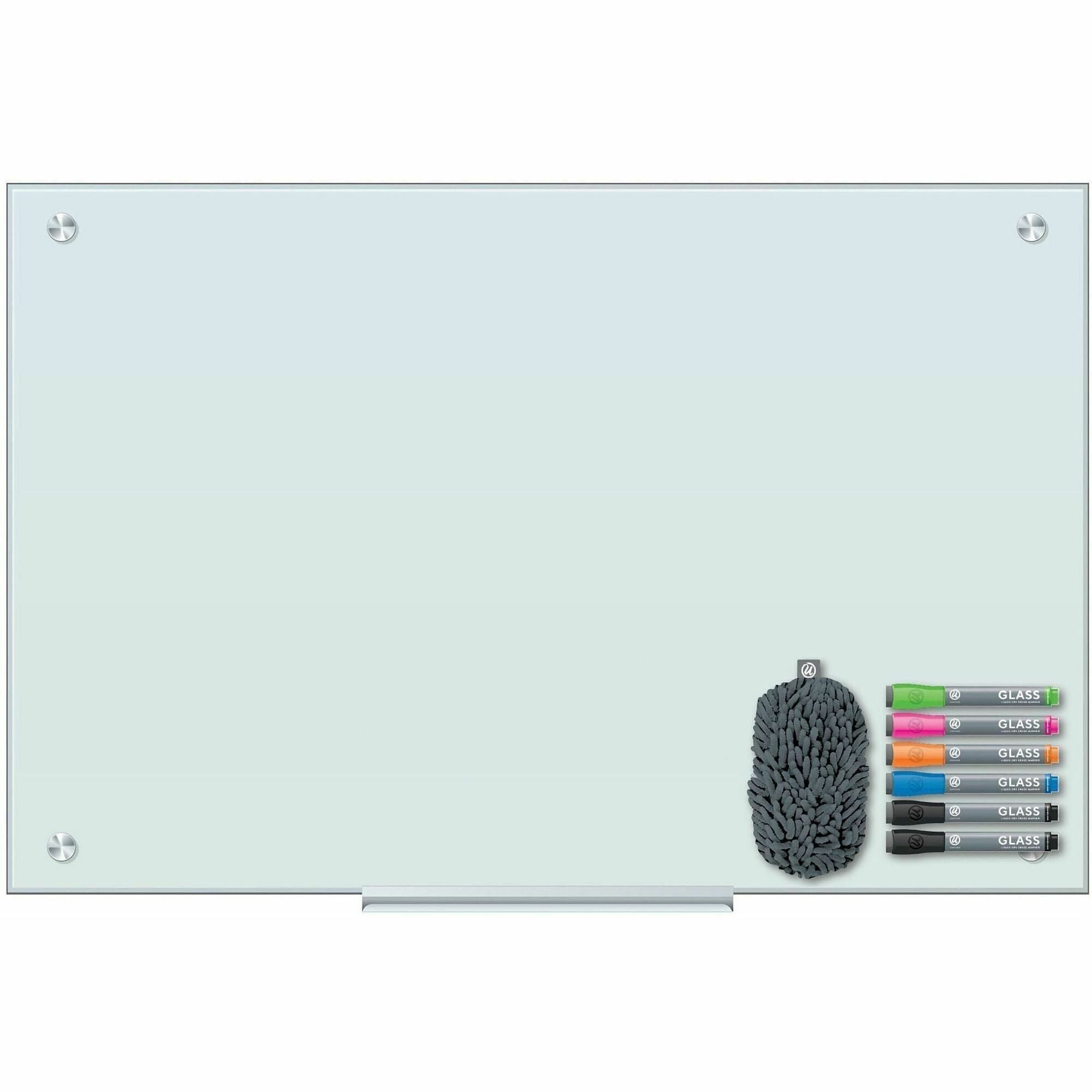 U Brands Dry Erase Board, White Glass, Magnetic, Frameless, Stain & Ghost Resistant, 39.4" x 27.2", Horizontal/Vertical, Includes 6 Markers, Shag Eraser, 12" Tray, Mounting Hardware, 1 Board