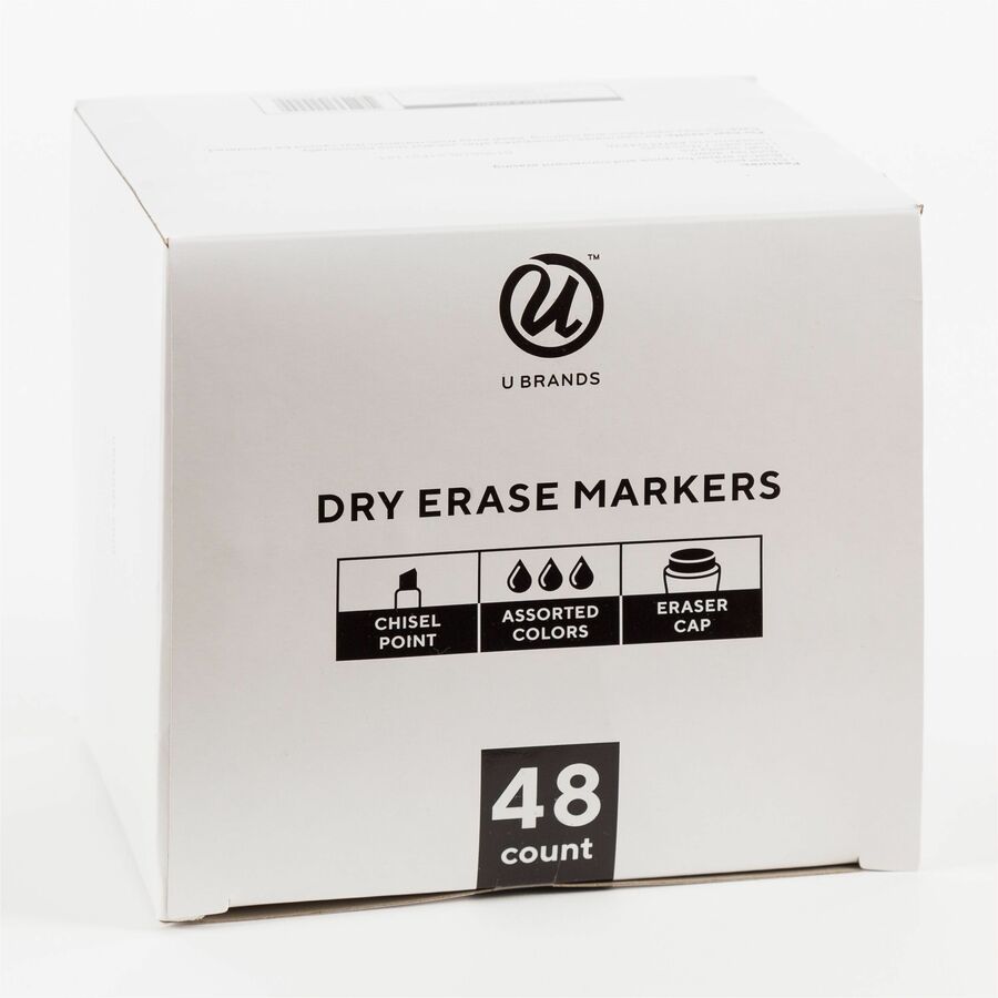 U Brands Dry Erase Markers, 5 mm Bold Chisel Point, Assorted Ink, White Barrel, 48 Pack