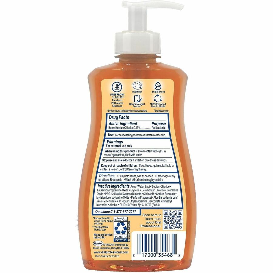 Dial Professional Antibacterial Defense Liquid Hand Soap, Fresh & Aloe Vera Scent, Pump Dispenser, Gold, Cruelty-free, Paraben-free, Phthalate-free, Silicone-free, Sulfate-free, Recycled, 1 Each