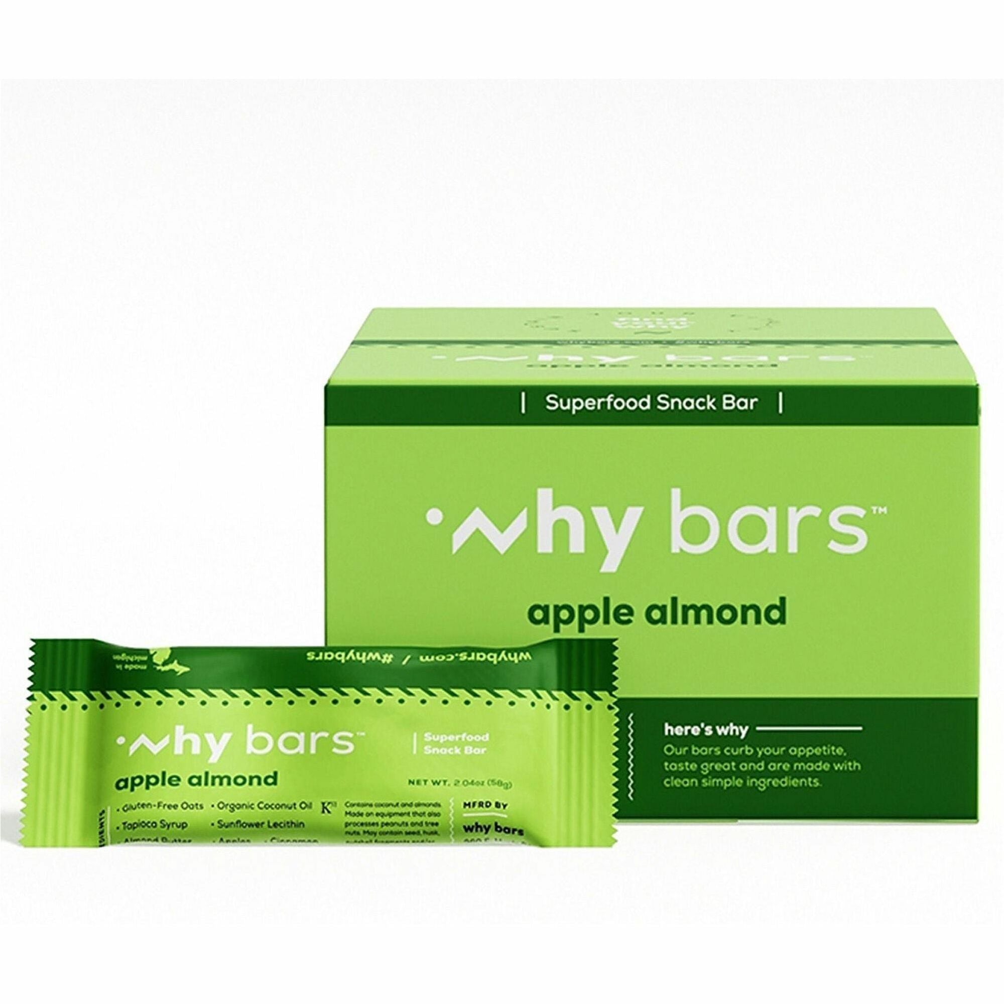 Why Bars Superfood Protein Snack Bars, Apple Almond, Gluten-free, Dairy-free, Soy-free, Non-GMO, Organic, Individually Wrapped, 2.04 oz, 12 Pack