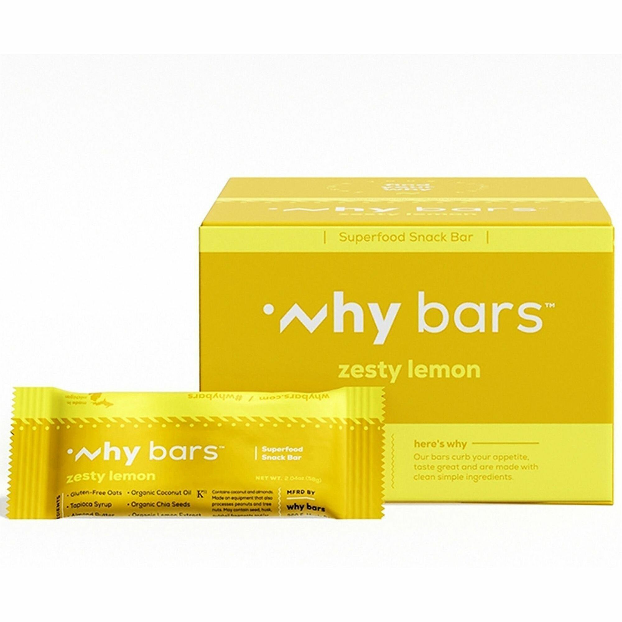 Why Bars Superfood Protein Snack Bars, Zesty Lemon, Gluten-free, Dairy-free, Soy-free, Non-GMO, Organic, Individually Wrapped, 2.04 oz, 12 Pack
