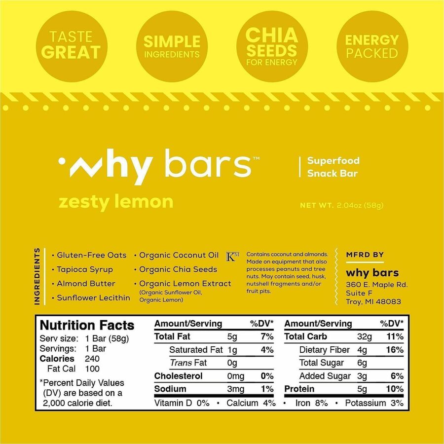 Why Bars Superfood Protein Snack Bars, Zesty Lemon, Gluten-free, Dairy-free, Soy-free, Non-GMO, Organic, Individually Wrapped, 2.04 oz, 12 Pack