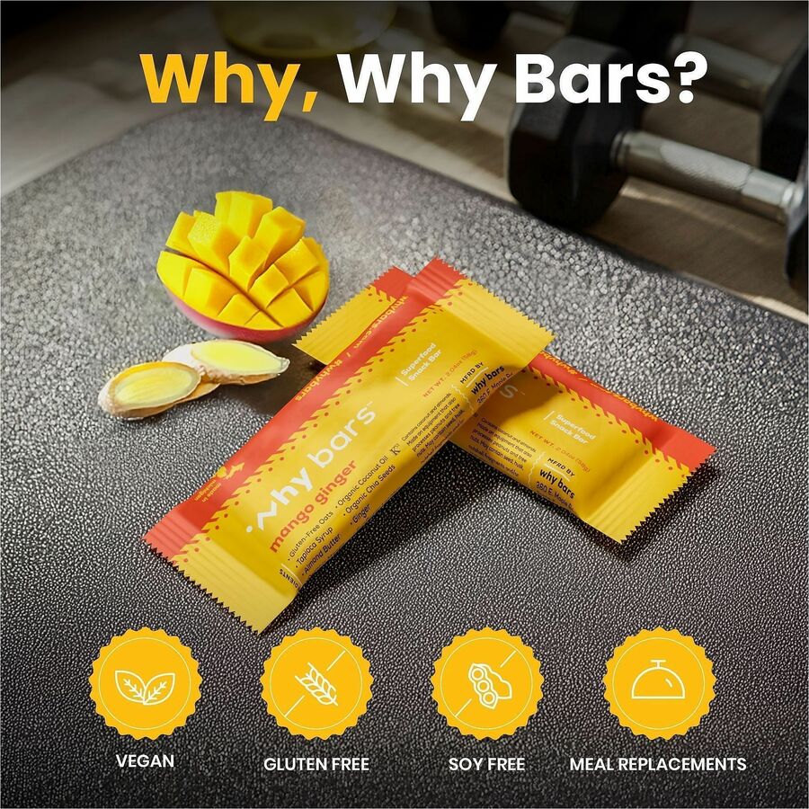Why Bars Superfood Protein Snack Bars, Mango Ginger, Gluten-free, Dairy-free, Soy-free, Non-GMO, Organic, Individually Wrapped, 2.04 oz, 12 Pack