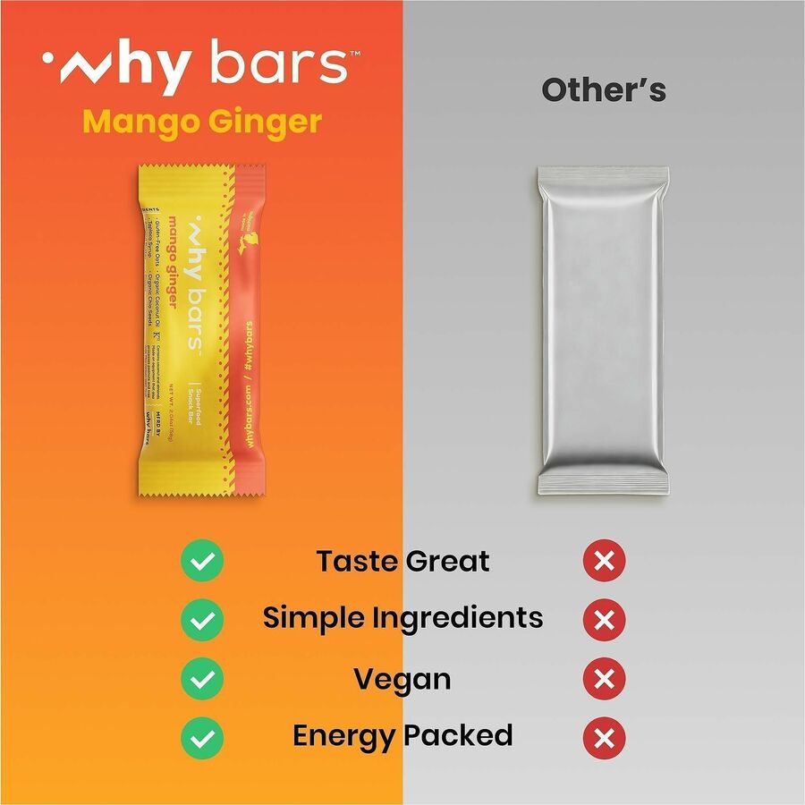 Why Bars Superfood Protein Snack Bars, Mango Ginger, Gluten-free, Dairy-free, Soy-free, Non-GMO, Organic, Individually Wrapped, 2.04 oz, 12 Pack