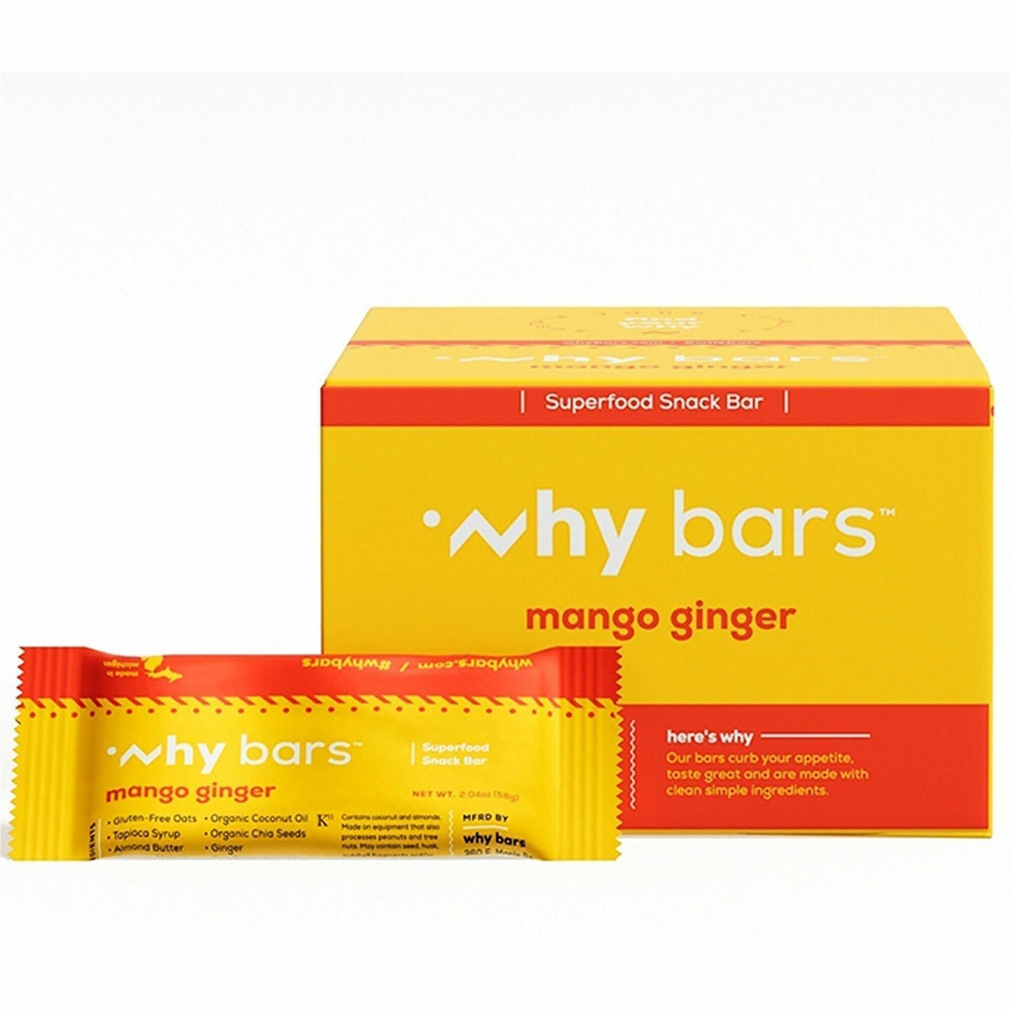 Why Bars Superfood Protein Snack Bars, Mango Ginger, Gluten-free, Dairy-free, Soy-free, Non-GMO, Organic, Individually Wrapped, 2.04 oz, 12 Pack