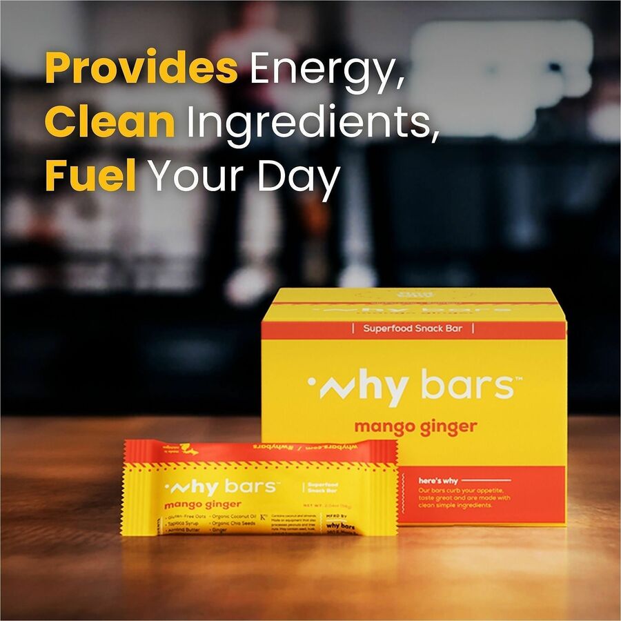 Why Bars Superfood Protein Snack Bars, Mango Ginger, Gluten-free, Dairy-free, Soy-free, Non-GMO, Organic, Individually Wrapped, 2.04 oz, 12 Pack