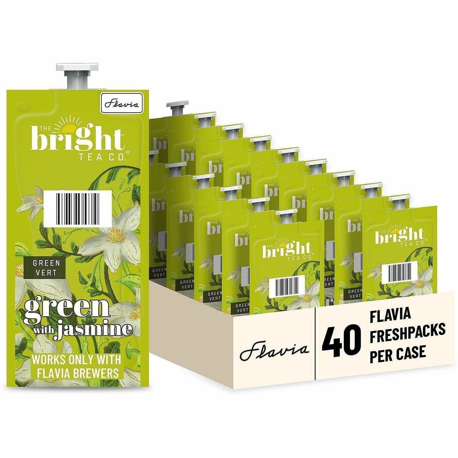 Flavia Bright Tea Co Green Tea with Jasmine, Caffeinated, Kosher, Freshpack, 40/Carton