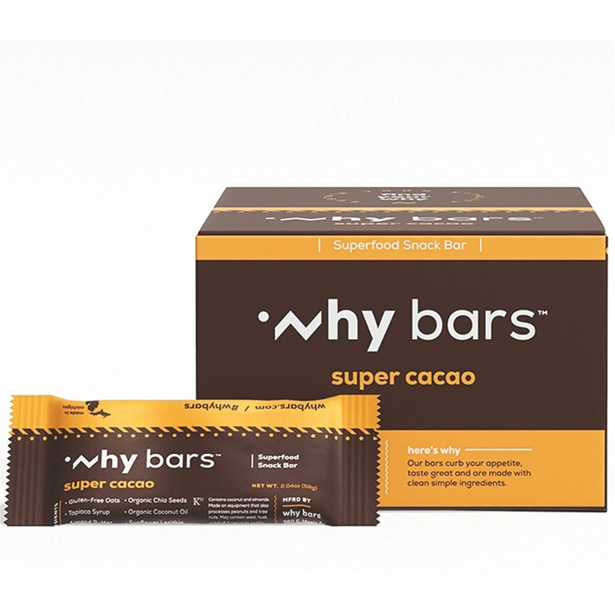 Why Bars Superfood Protein Snack Bars, Super Cacao Flavor, Gluten-free, Dairy-free, Soy-free, Non-GMO, Individually Wrapped, 2.04 oz, 12 Pack