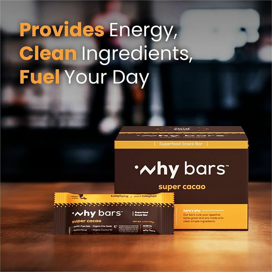 Why Bars Superfood Protein Snack Bars, Super Cacao Flavor, Gluten-free, Dairy-free, Soy-free, Non-GMO, Individually Wrapped, 2.04 oz, 12 Pack