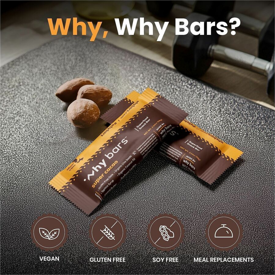 Why Bars Superfood Protein Snack Bars, Super Cacao Flavor, Gluten-free, Dairy-free, Soy-free, Non-GMO, Individually Wrapped, 2.04 oz, 12 Pack