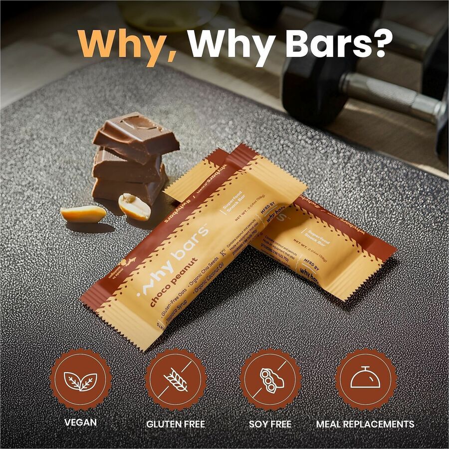 Why Bars Superfood Protein Snack Bars, Choco Peanut, Gluten-free, Dairy-free, Soy-free, Non-GMO, Organic, Individually Wrapped, 2.04 oz, 12 Pack