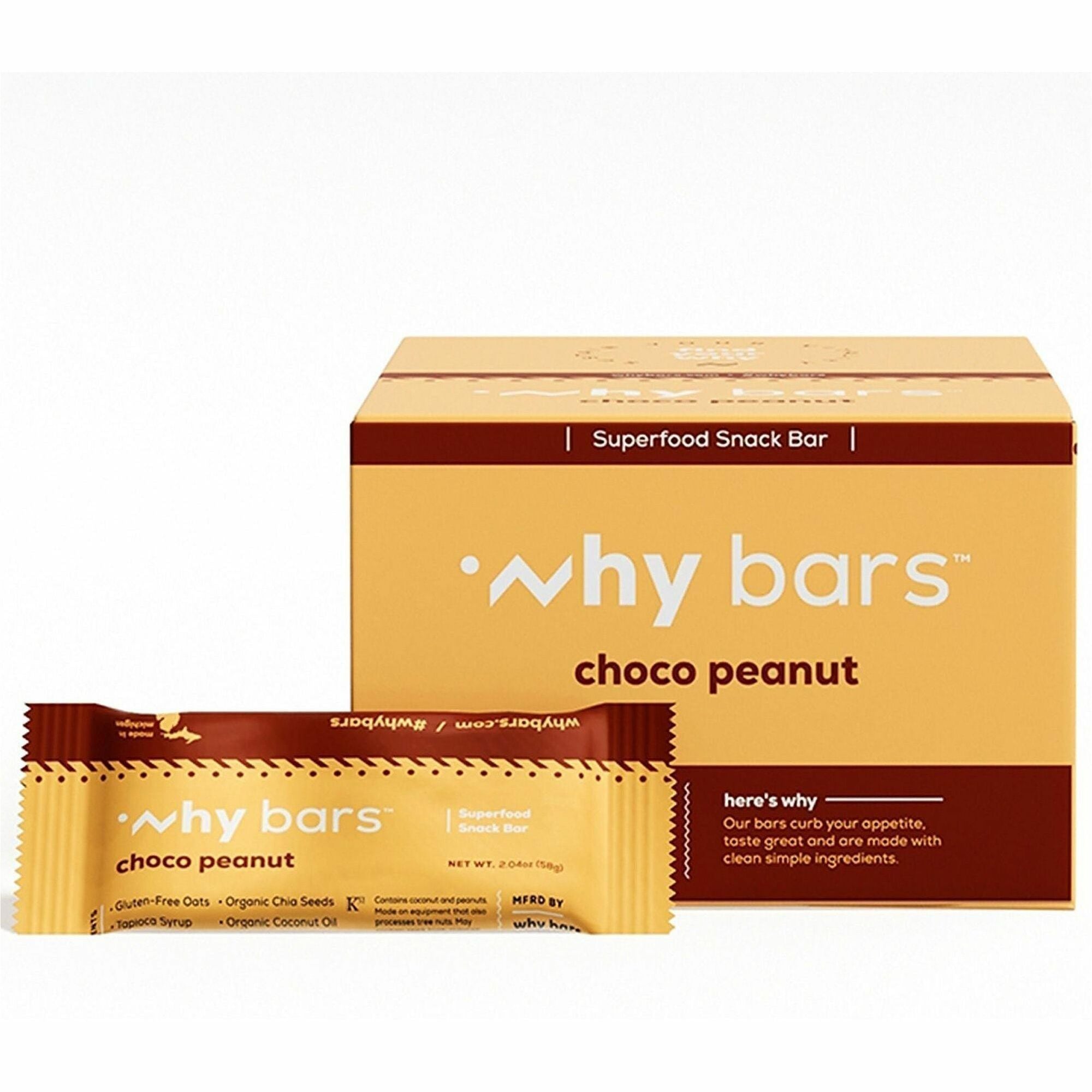 Why Bars Superfood Protein Snack Bars, Choco Peanut, Gluten-free, Dairy-free, Soy-free, Non-GMO, Organic, Individually Wrapped, 2.04 oz, 12 Pack