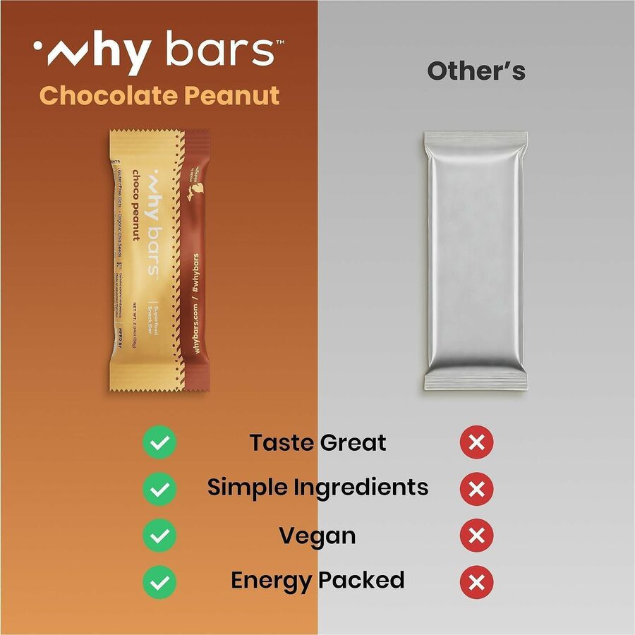 Why Bars Superfood Protein Snack Bars, Choco Peanut, Gluten-free, Dairy-free, Soy-free, Non-GMO, Organic, Individually Wrapped, 2.04 oz, 12 Pack