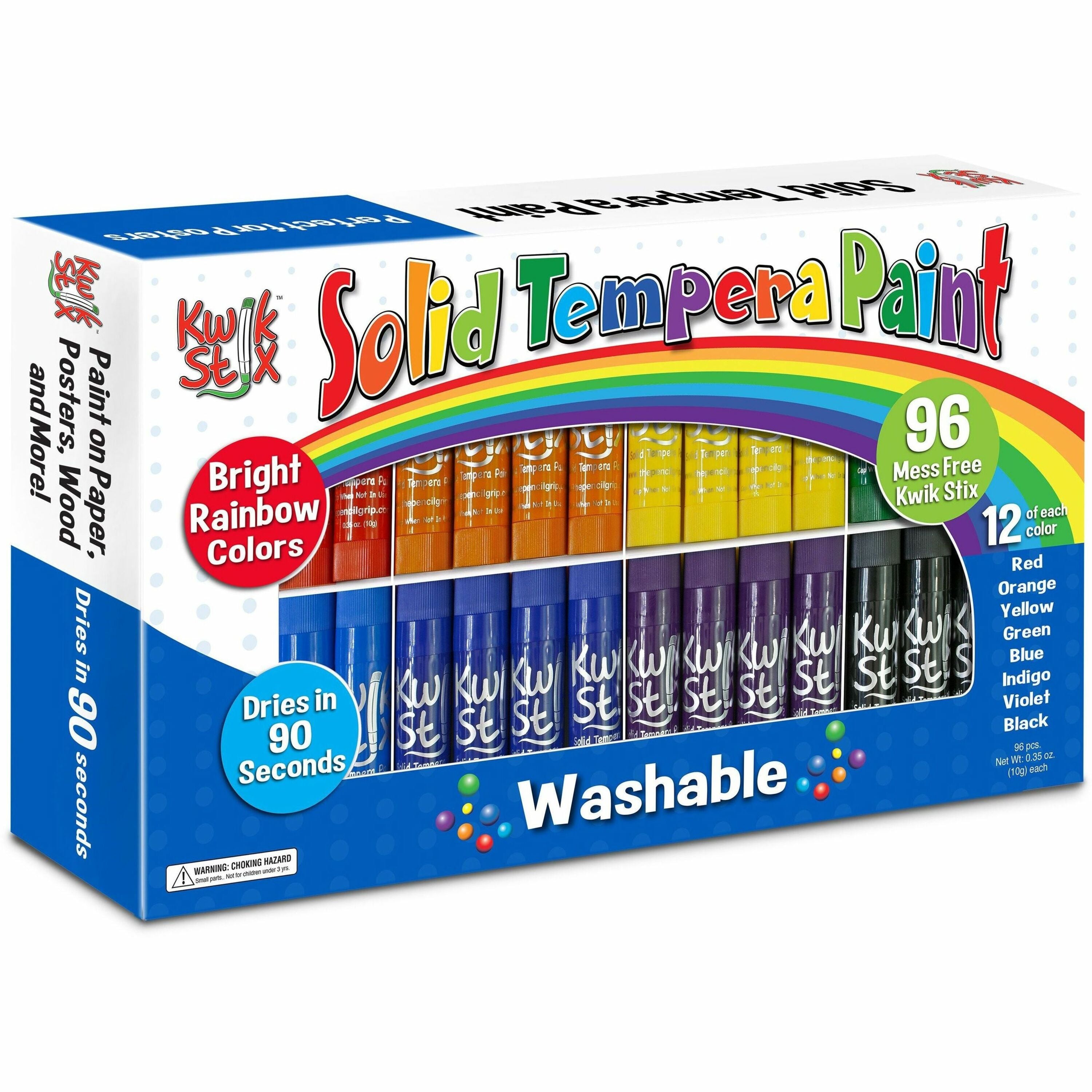 Kwik Stix Tempera Paint/Paper Set, 96 Washable Paint Sticks in Red, Orange, Yellow, Green, Light Blue, Dark Blue, Purple, Black, Includes Paper, 1 Set