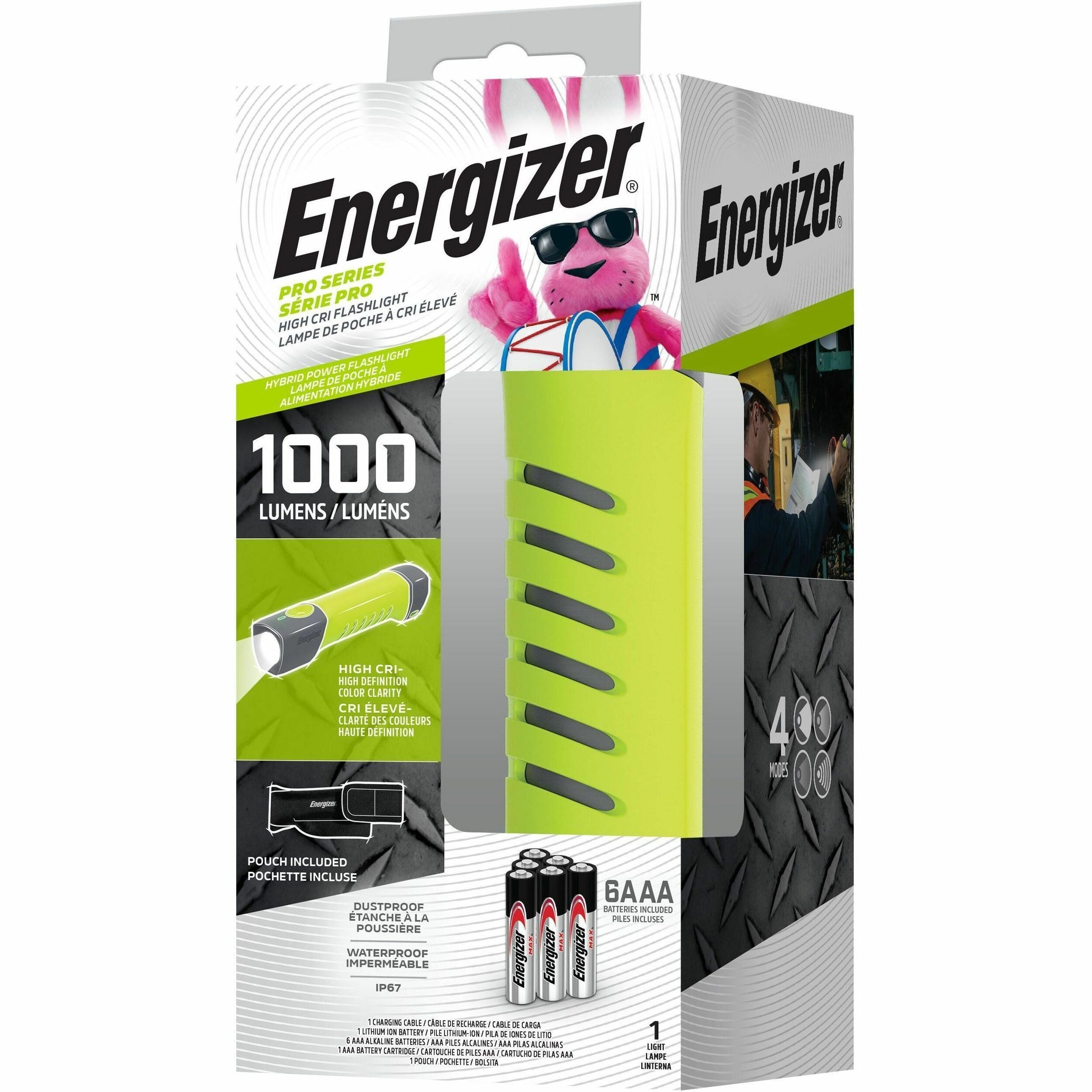 LED - 1000 lm Lumen - AAA - Battery Rechargeable - Battery - Water Proof, Dust Proof - Green, Gray - 1 Each