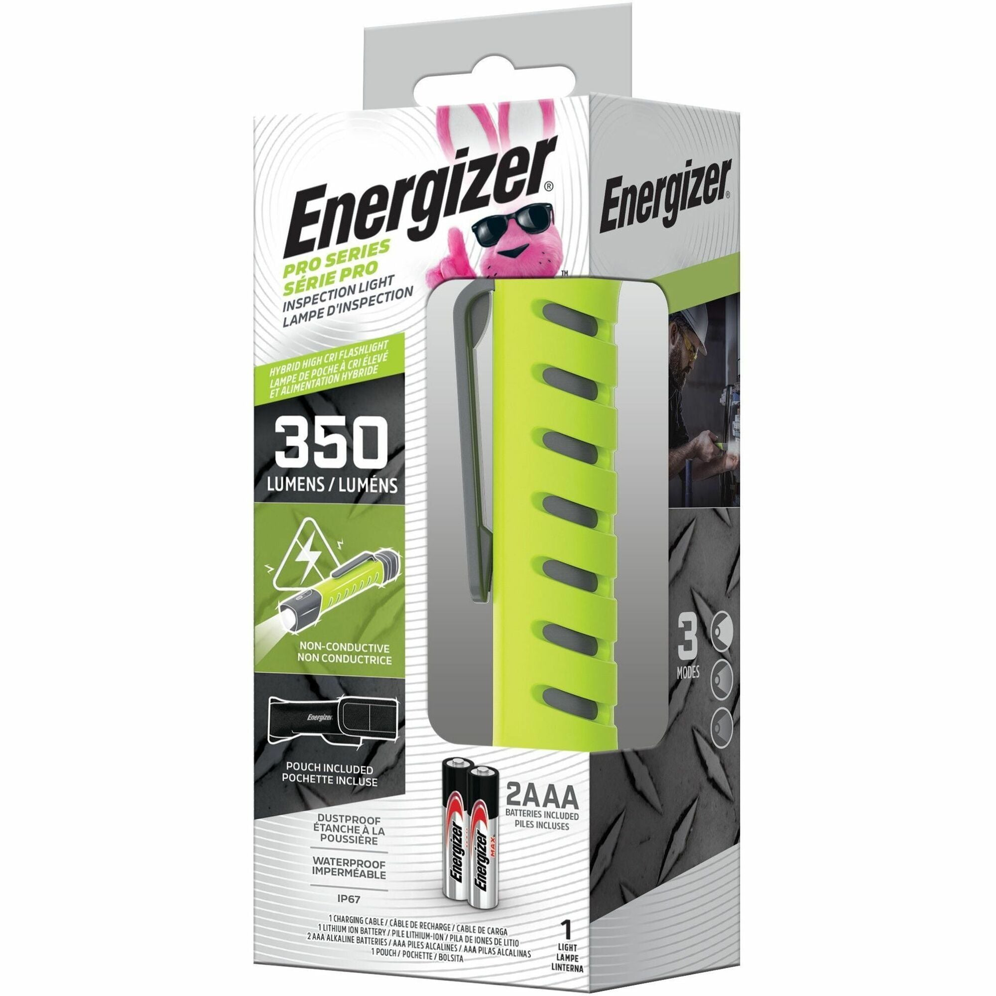 LED - 350 lm Lumen - AAA - Battery Rechargeable - Battery - Water Proof, Dust Proof - Green, Gray - 1 Each