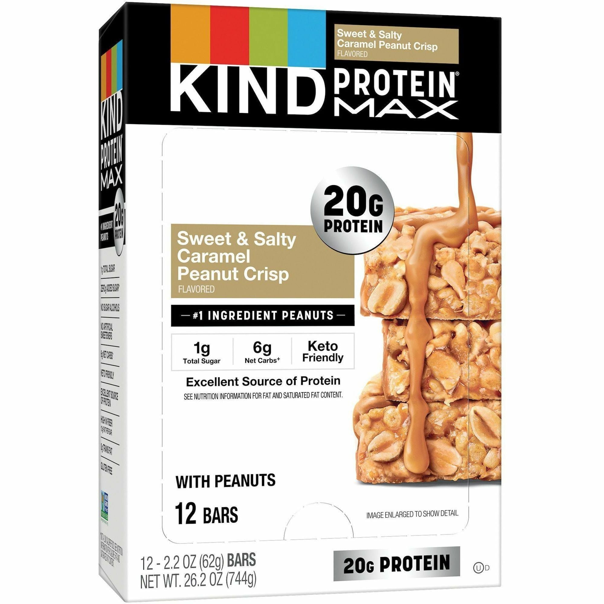 KIND Protein MAX Snack Bars, Sweet & Salty Caramel Peanut, High-Fiber, Gluten-Free, Individually Wrapped, 12 Bars per Box