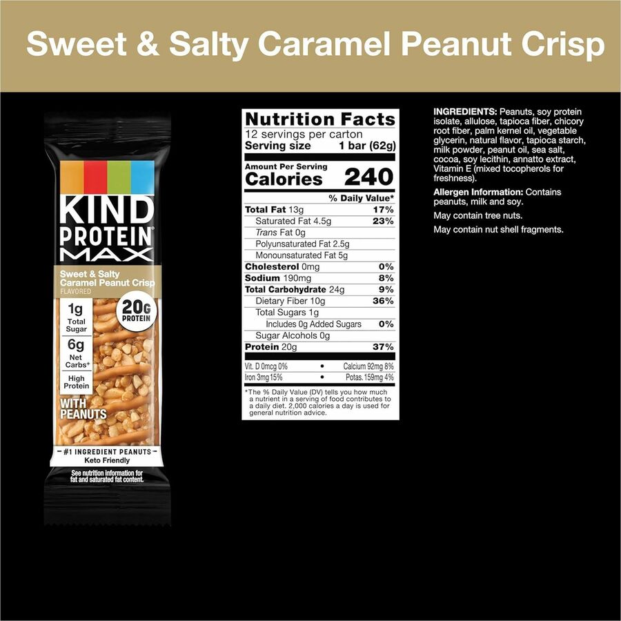 KIND Protein MAX Snack Bars, Sweet & Salty Caramel Peanut, High-Fiber, Gluten-Free, Individually Wrapped, 12 Bars per Box