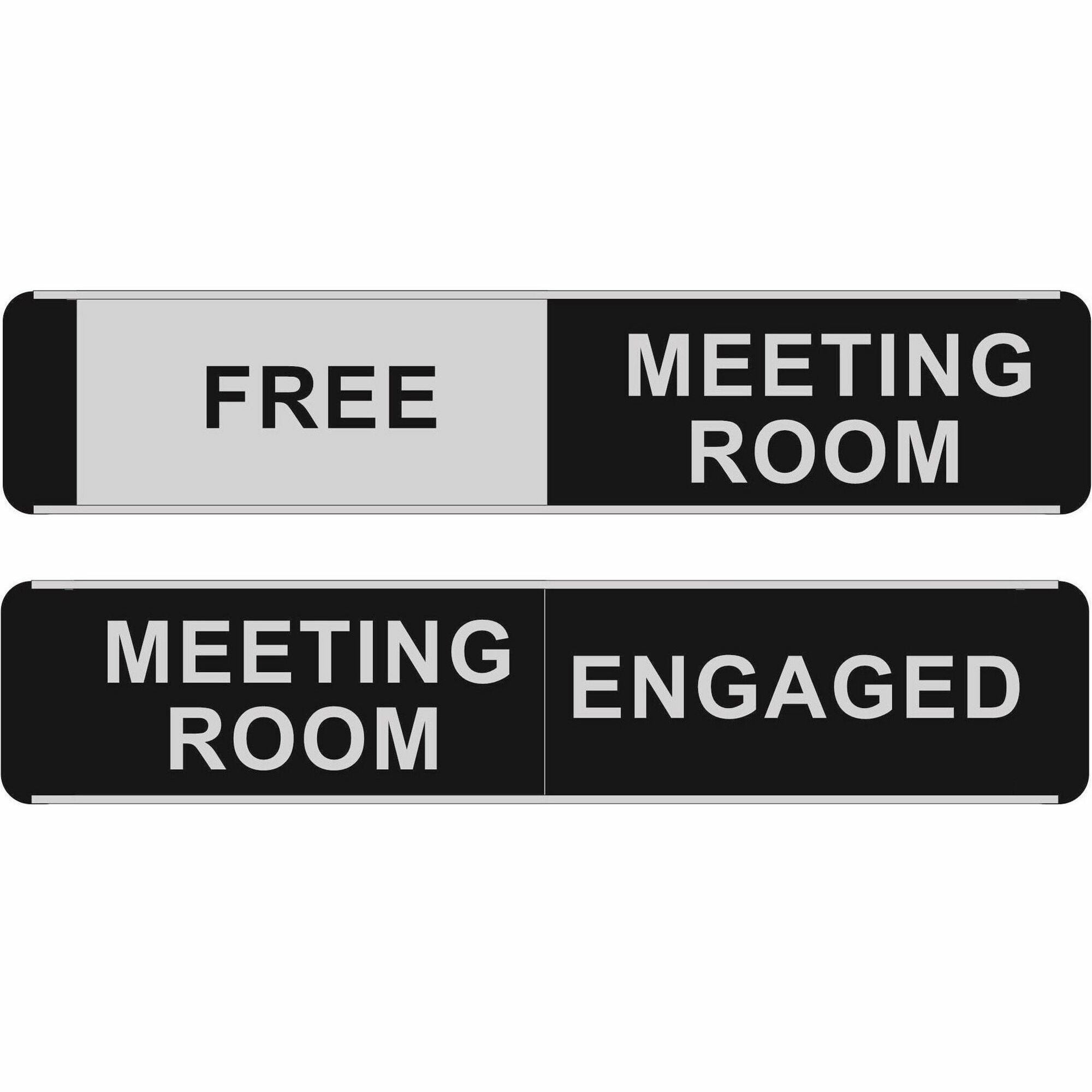 Seco Door Sign, "FREE MEETING ROOM" / "MEETING ROOM ENGAGED", 10" x 2", Door-mountable, Self-adhesive, Aluminum/PVC, Black/Silver, 1 Each