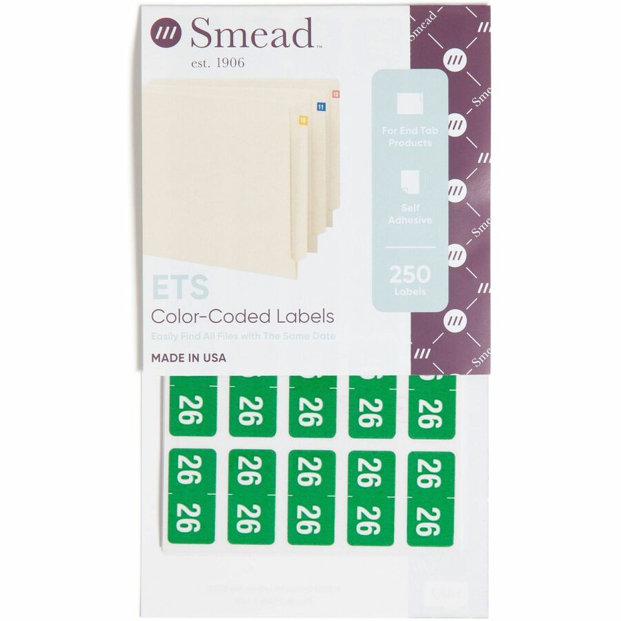 Smead ETS Color-Coded Year Labels, Green, Laminated, Self-Adhesive, 1/2" x 1", 25 Labels/Sheet, 10 Sheets, 2026 Total Labels, 1 Pack
