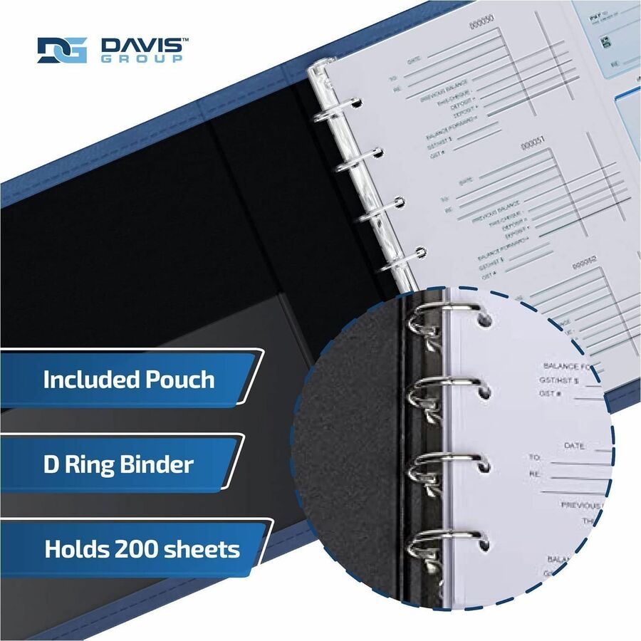 Davis Group Premium 3-Up Business Checkbook Binder, 7 Rings, 200 Sheet Capacity, Internal Pocket, Vinyl, Navy Blue, 1 Each
