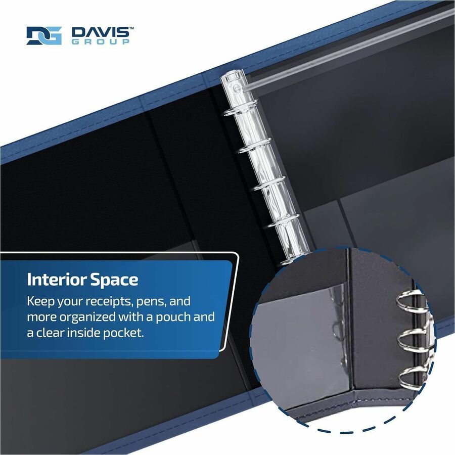 Davis Group Premium 3-Up Business Checkbook Binder, 7 Rings, 200 Sheet Capacity, Internal Pocket, Vinyl, Navy Blue, 1 Each