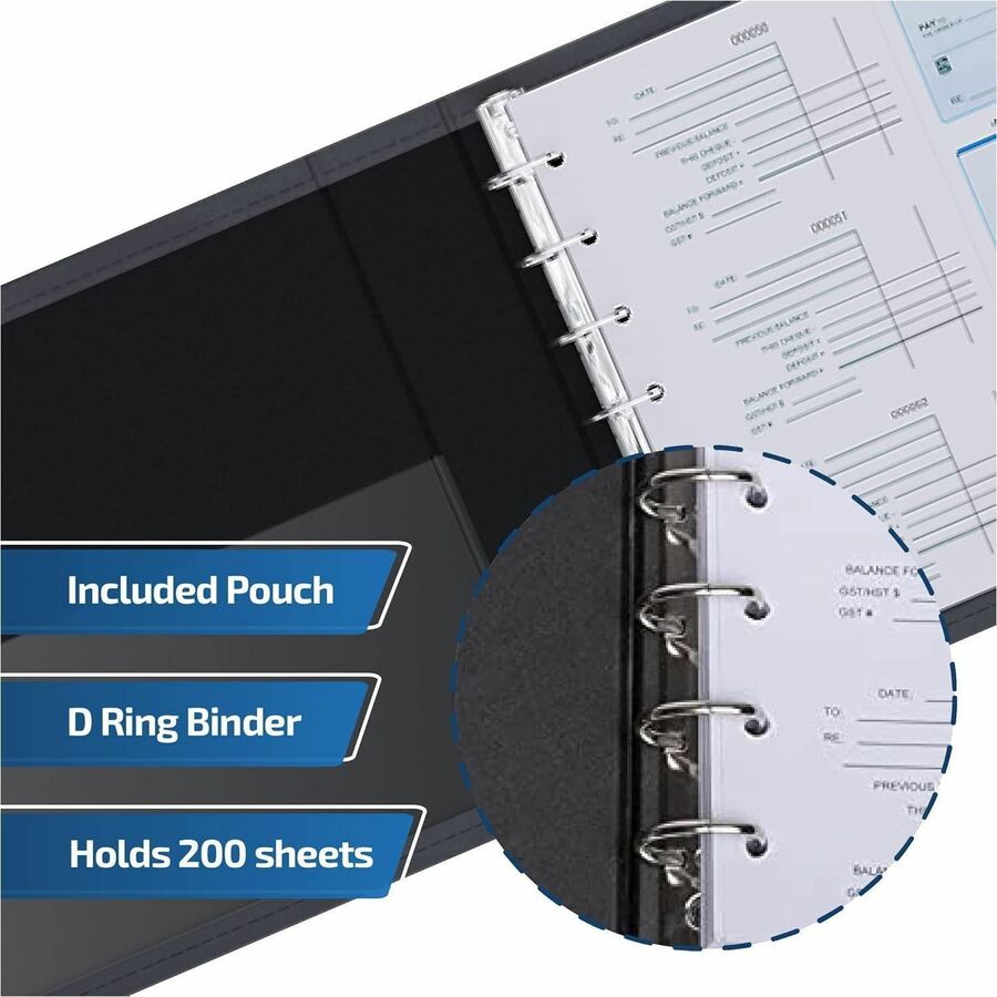 Davis Group Premium 3-Up Business Checkbook Binder, 200 Sheet Capacity, 7 Rings, Internal Pocket, Vinyl, Black, 1 Each