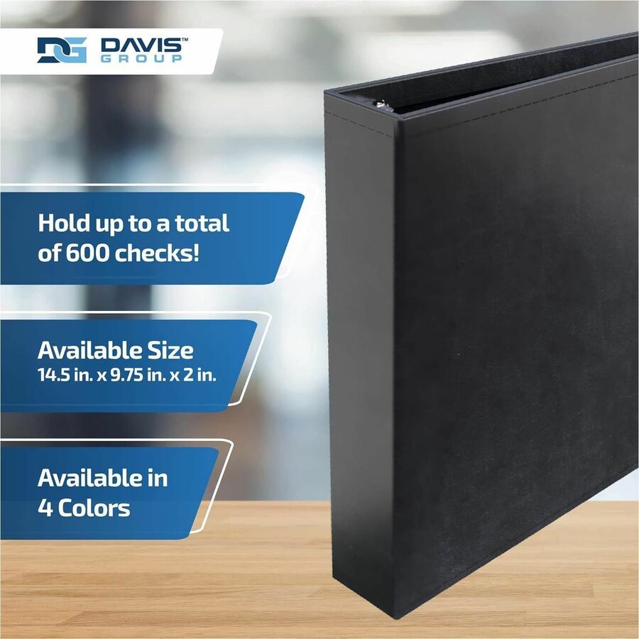 Davis Group Premium 3-Up Business Checkbook Binder, 200 Sheet Capacity, 7 Rings, Internal Pocket, Vinyl, Black, 1 Each
