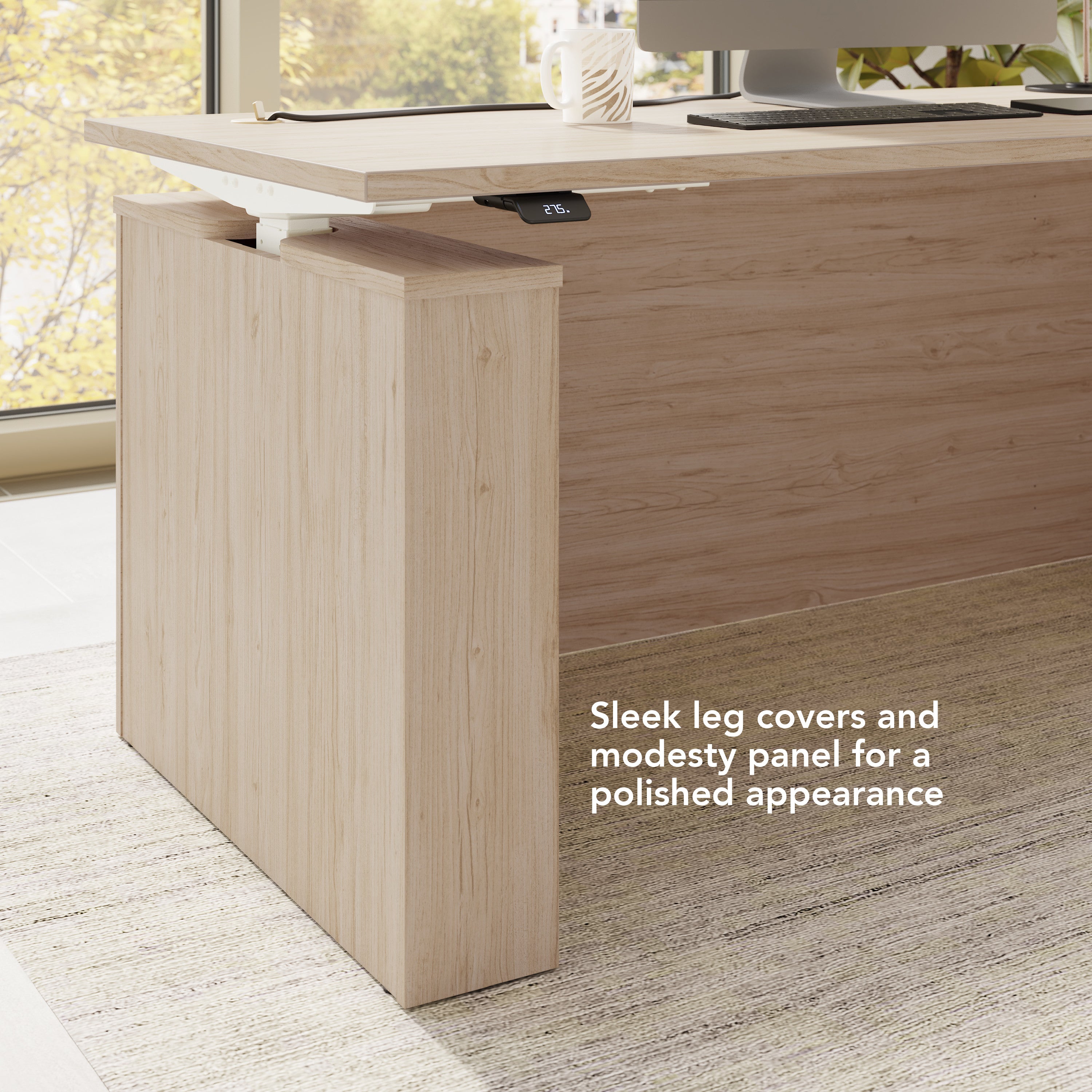Bush Business Furniture Stratus&nbsp;60W x&nbsp;78D Electric Height Adjustable L Shaped Standing Desk in Natural Elm with White Base - 59.45" Width x 76.97" Depth x 27.44" Height