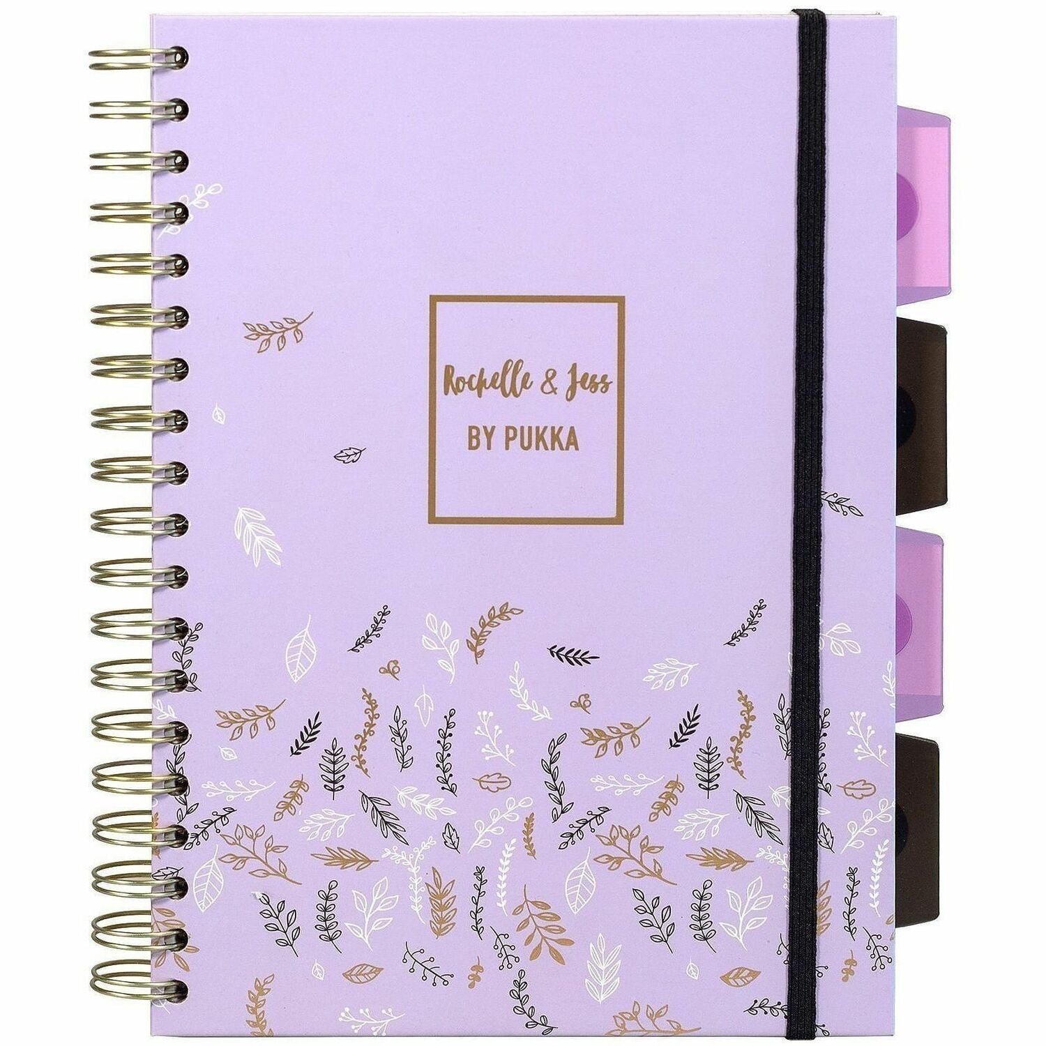 Pukka Pads Rochelle & Jess 5-Subject Notebooks, 100 Sheets, Quad Ruled, 7.5" x 10", Black/Lilac/Gold Covers, Graph Layout, Note Section, Repositionable Divider, 3 Pack