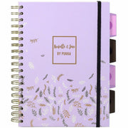 Pukka Pads Rochelle & Jess 5-Subject Notebooks, 100 Sheets, Quad Ruled, 7.5" x 10", Black/Lilac/Gold Covers, Graph Layout, Note Section, Repositionable Divider, 3 Pack