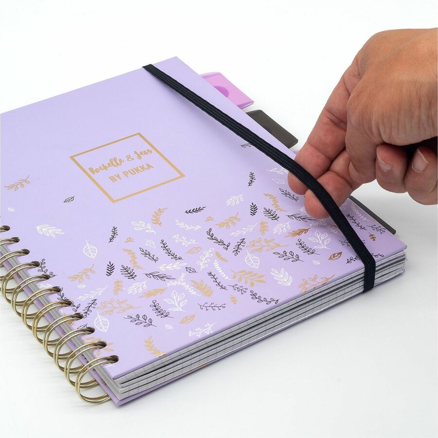 Pukka Pads Rochelle & Jess 5-Subject Notebooks, 100 Sheets, Quad Ruled, 7.5" x 10", Black/Lilac/Gold Covers, Graph Layout, Note Section, Repositionable Divider, 3 Pack