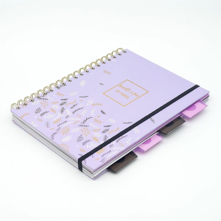 Pukka Pads Rochelle & Jess 5-Subject Notebooks, 100 Sheets, Quad Ruled, 7.5" x 10", Black/Lilac/Gold Covers, Graph Layout, Note Section, Repositionable Divider, 3 Pack