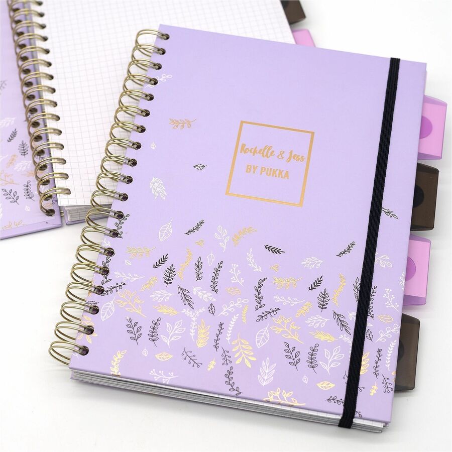 Pukka Pads Rochelle & Jess 5-Subject Notebooks, 100 Sheets, Quad Ruled, 7.5" x 10", Black/Lilac/Gold Covers, Graph Layout, Note Section, Repositionable Divider, 3 Pack