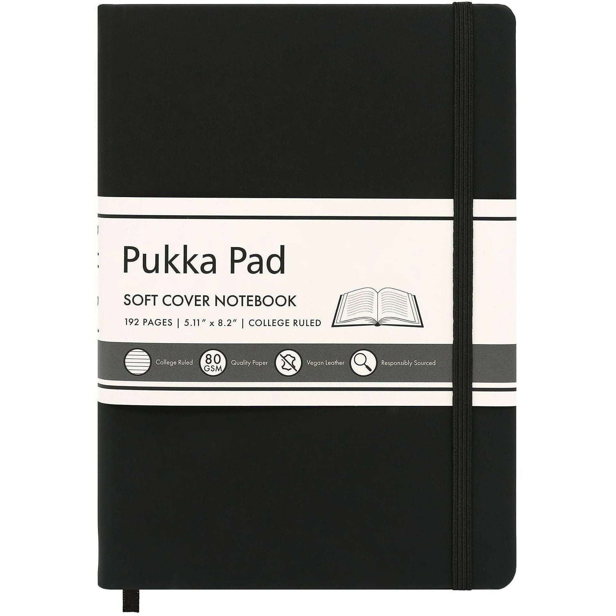 Pukka Pads Signature Notebook, 1 Subject, 96 Sheets (192 Pages), College Ruled, 5 7/64" x 8 1/5", Cream Paper, Black Vegan Leather Soft Cover, Casebound, Expandable Pocket, Elastic Closure, 1 Each