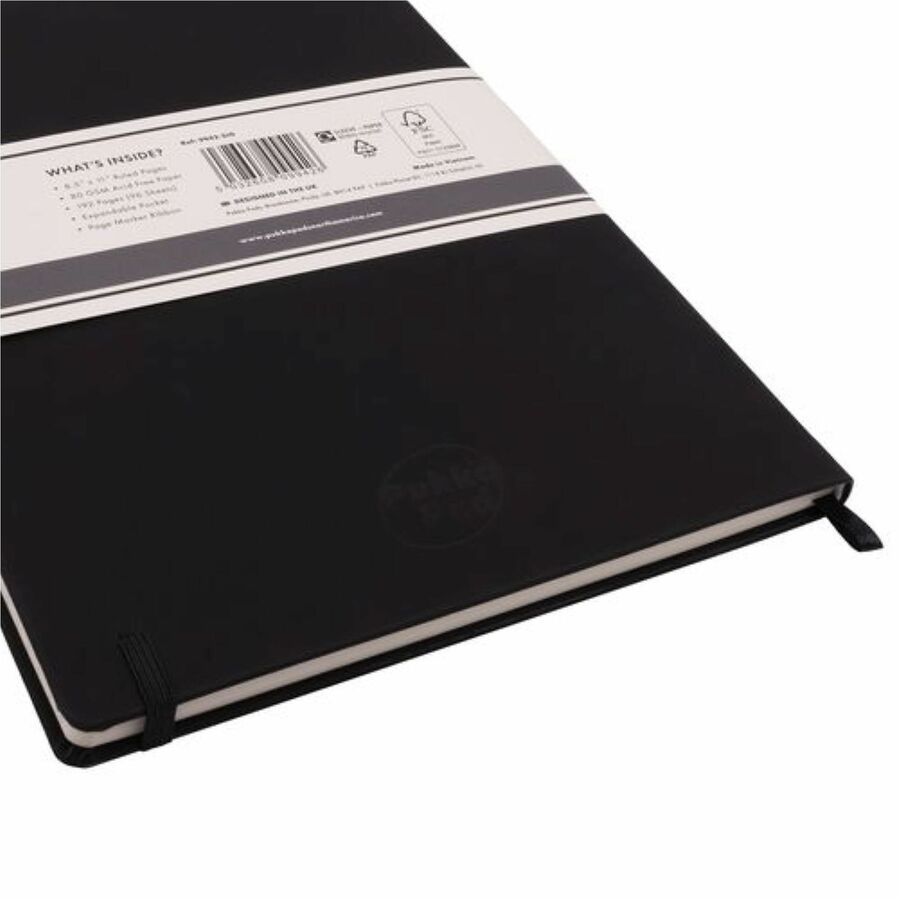 Pukka Pads Signature Notebook, 1 Subject, 96 Sheets (192 Pages), College Ruled, 5 7/64" x 8 1/5", Cream Paper, Black Vegan Leather Soft Cover, Casebound, Expandable Pocket, Elastic Closure, 1 Each