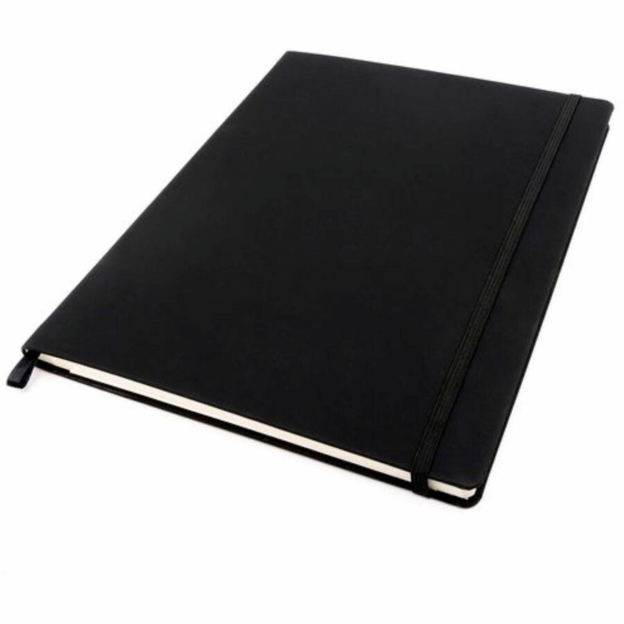 Pukka Pads Signature Notebook, 1 Subject, 96 Sheets (192 Pages), College Ruled, 5 7/64" x 8 1/5", Cream Paper, Black Vegan Leather Soft Cover, Casebound, Expandable Pocket, Elastic Closure, 1 Each