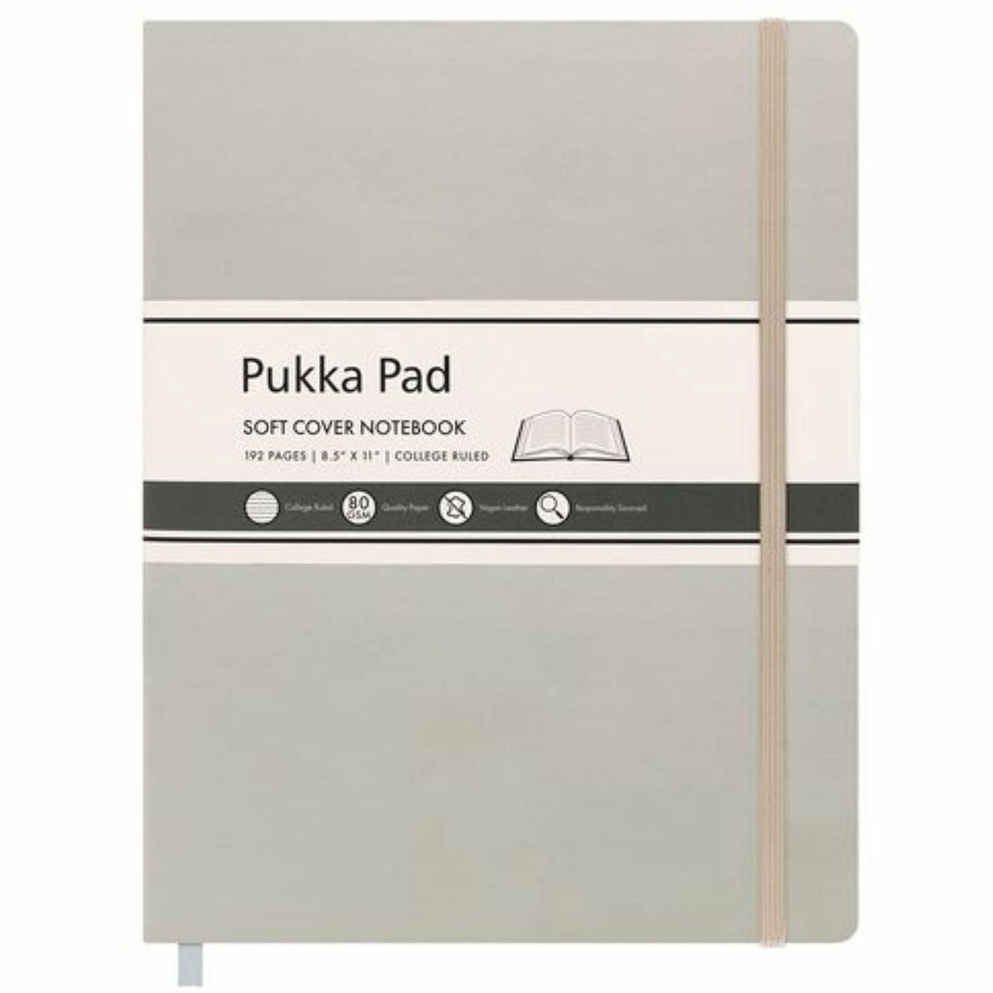 Pukka Pads Signature Notebook, 1 Subject, 96 Sheets, 192 Pages, College Ruled, 8.5" x 11", Cream Paper, Oatmeal Vegan Leather Soft Cover, Casebound, Expandable Pocket, Elastic Closure, 1 Each