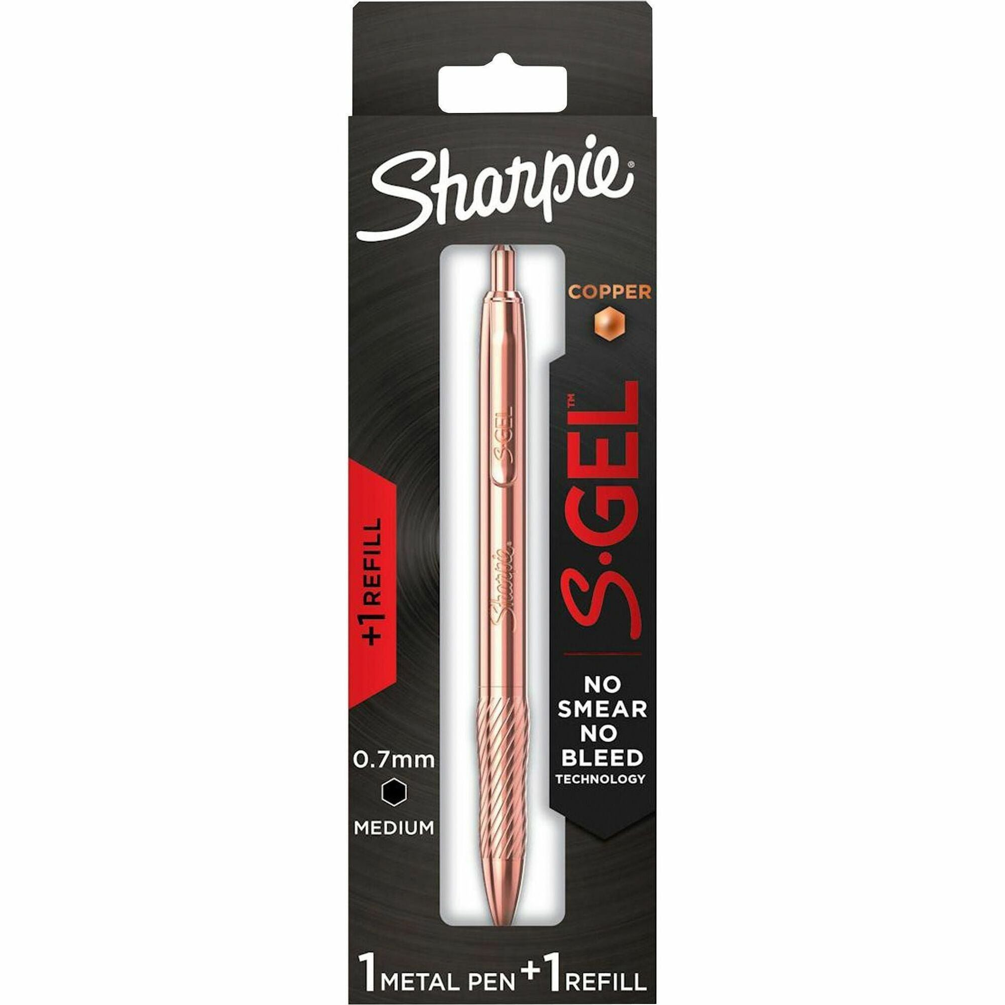 Sharpie S-Gel Pen, 0.7 mm Medium Point, Black Ink, Refillable, Retractable, Copper Plated Brass Barrel, 1 Pack with Bonus Ink Refill